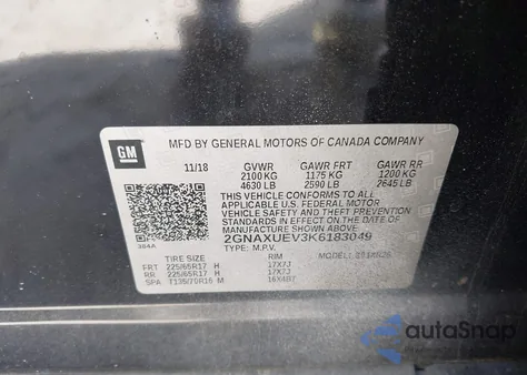 2019 Chevrolet Equinox Lt из США, поврежденный, VIN 2GNAXUEV3K6183049